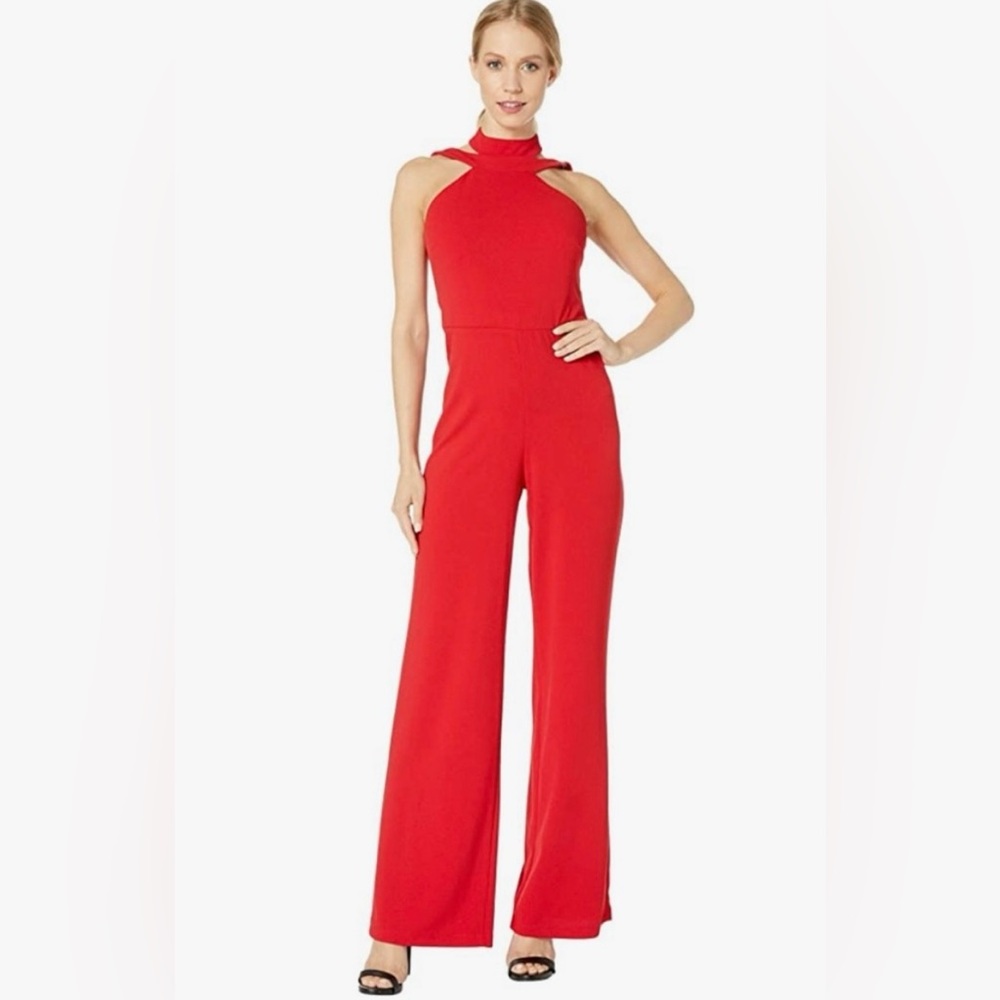 **NEW** Bebe Women Sleeveless Choker Neck Wide Leg Shimmer Red Jumpsuit Size 8p